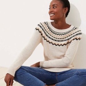 Loft Fair Isle Crew Neck Beige/ Oatmeal Metallic Trim Sweater L